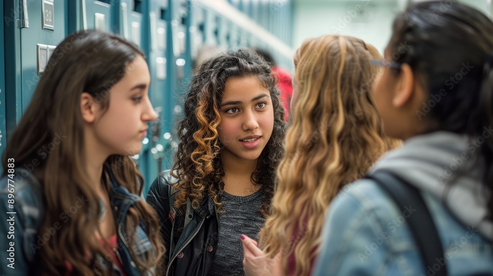 A group of female students stood and talked near the lockers. Pick up things at school A group of female students stood and talked near the lockers. Pick up things at school