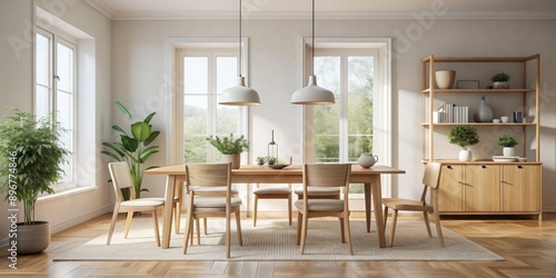 Scandinavian dining room featuring light wood furniture and minimalist decor, Scandinavian, dining room, light wood