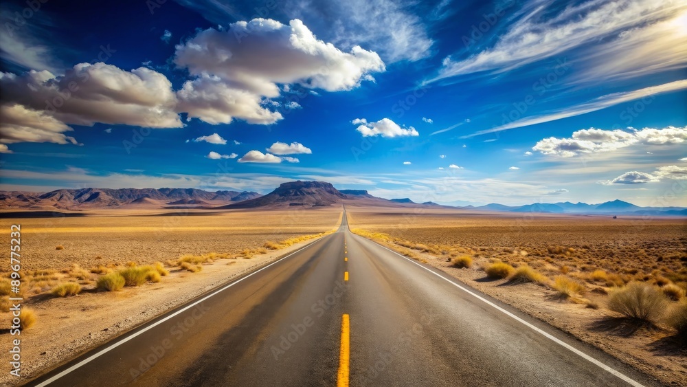 Long, empty road stretching through a vast desert landscape, desert, road, travel, isolated, remote, endless, barren, dry, wilderness Long, empty road stretching through a vast desert landscape, desert, road, travel, isolated, remote, endless, barren, dry, wilderness