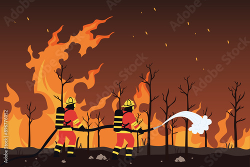 Firefighters with firefighting equipment concept. Colored flat vector illustration isolated.