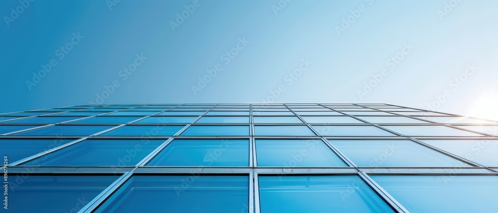 Modern Glass Office Building Against Clear Blue Sky with Sunlight Reflection Modern Glass Office Building Against Clear Blue Sky with Sunlight Reflection