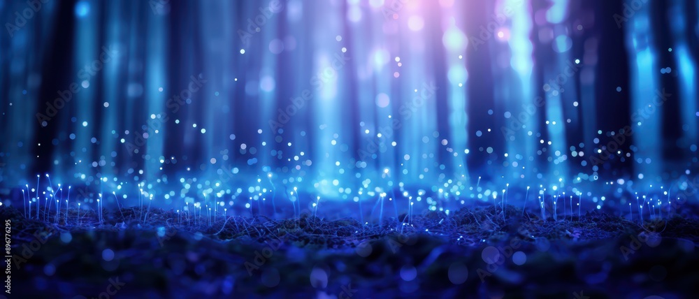 Enchanting Forest with Glowing Blue Lights and Mystical Atmosphere at Night Enchanting Forest with Glowing Blue Lights and Mystical Atmosphere at Night