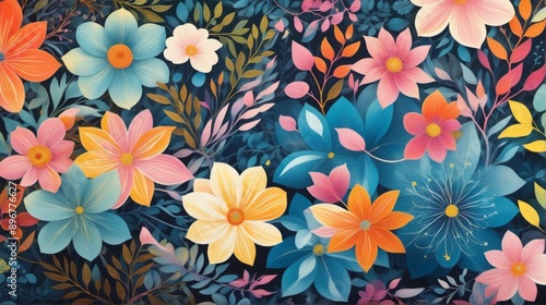 Illustration colorful vibrant floral pattern background dark blu © Wannaeka