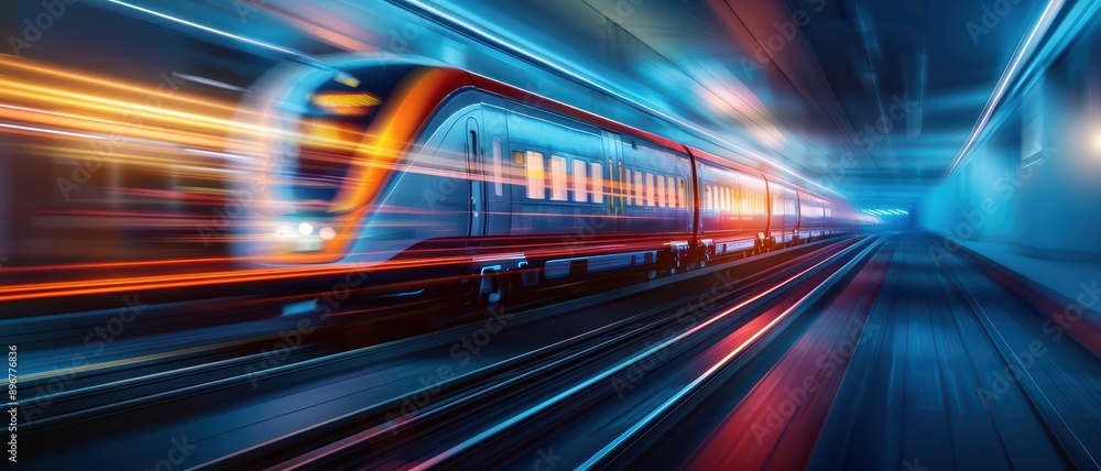 High-Speed Modern Train in Motion Through a Futuristic Tunnel with Vibrant Lights and Dynamic Blur Effect High-Speed Modern Train in Motion Through a Futuristic Tunnel with Vibrant Lights and Dynamic Blur Effect