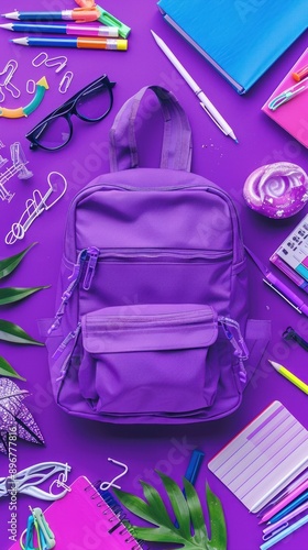 Fashionable purple backpack for school and school supplies on purple background.