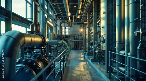 Industrial machines are being installed in a factory with sleek modern designs, lit by cinematic lighting during the day, surrounded by pipes and mechanical structures.