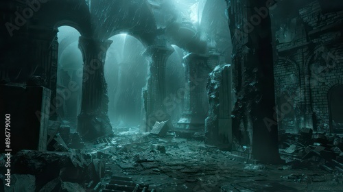 Ancient Greek necromancy ritual site, crumbling stone ruins shrouded in darkness, eerie atmosphere filled with whispers, invoking spirits under a moonlit sky, steeped in mythology.