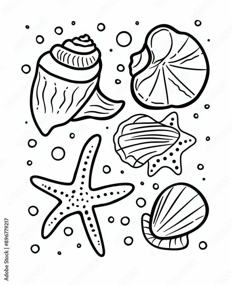 Simple coloring book cartoon style drawings of sea shells Simple coloring book cartoon style drawings of sea shells