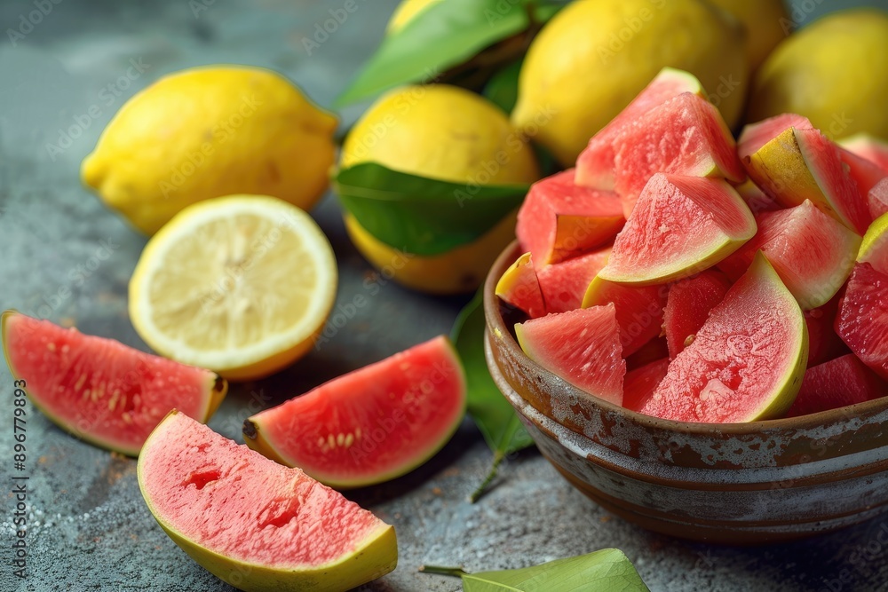 Slices of Watermelon and Lemons on a Rustic Surface Slices of Watermelon and Lemons on a Rustic Surface