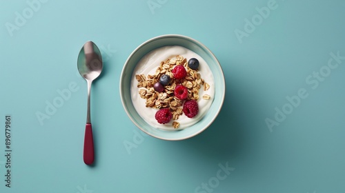 Minimalist flat lay of a simple breakfast bowl with granola and yogurt, depicted in ultra-sharp and detailed 3D shading photo