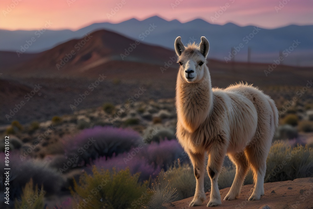 Fototapeta premium Serene Llama at Sunset in the Desert