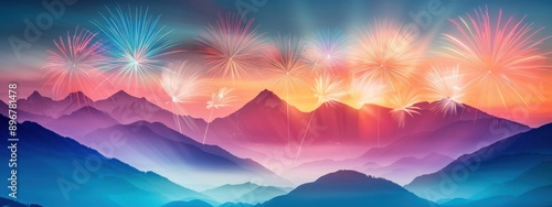 Fireworks display seen from a high mountain peak, fireworks, panoramic view © Exnoi