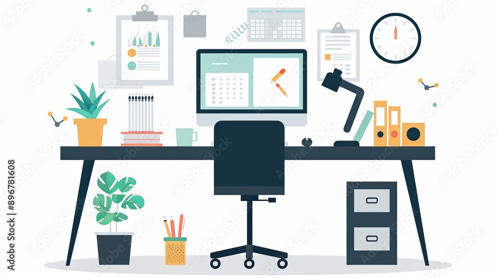 illustration of a modern home office desk featuring a computer, plants, office supplies, and wall decor. Vector style. illustration of a modern home office desk featuring a computer, plants, office supplies, and wall decor. Vector style.