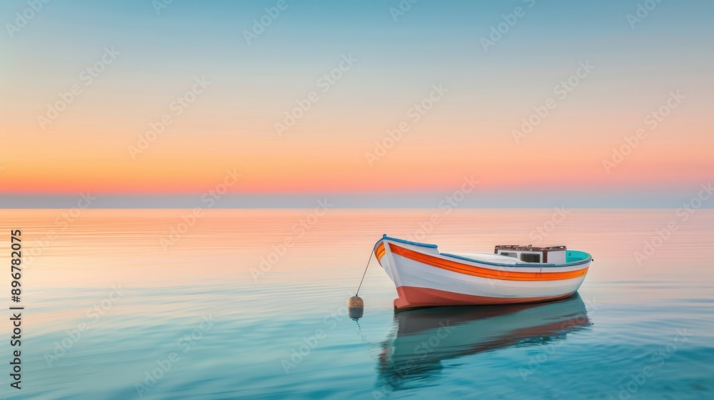 Naklejka premium Fishing boat anchored near a quiet beach at dawn, peaceful and traditional.