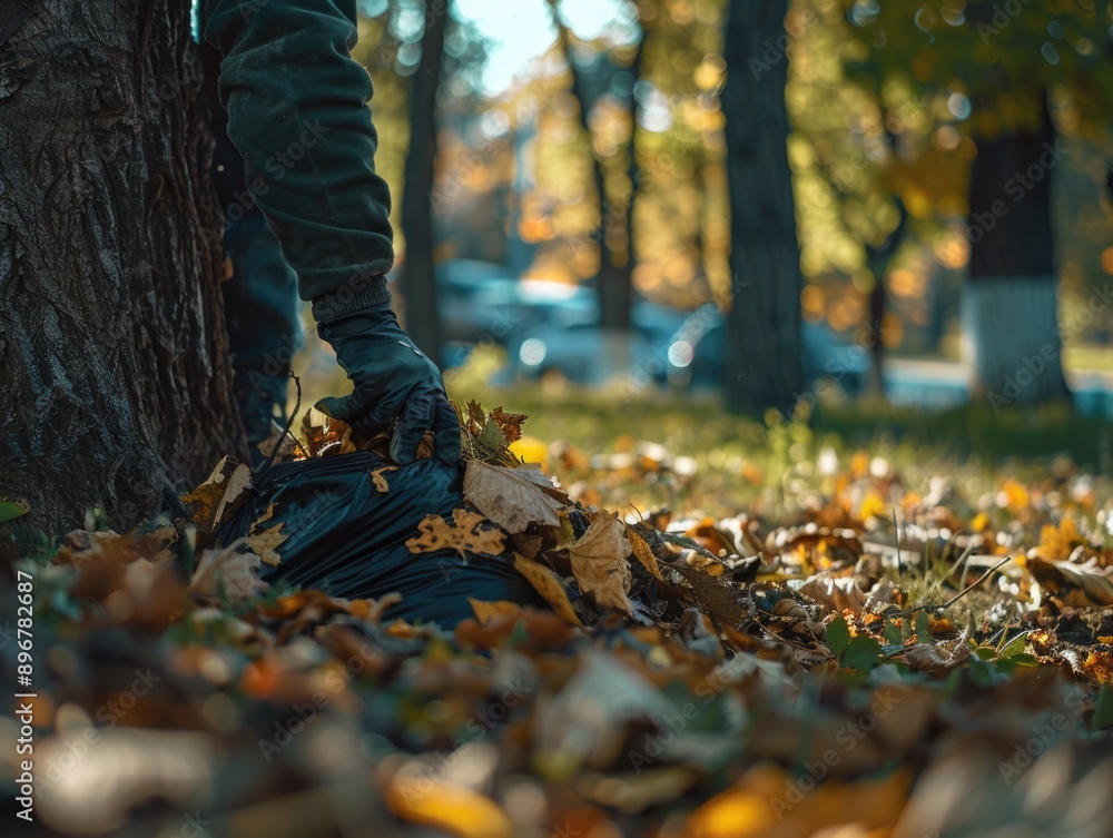 Fototapeta premium Environmental Stewardship: Person Cleaning Garbage Bags Around Tree | Canon 5D III Shot