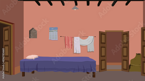 interior of a bedroom with a bed in the middle and doors. Indian village farmer house inside room design