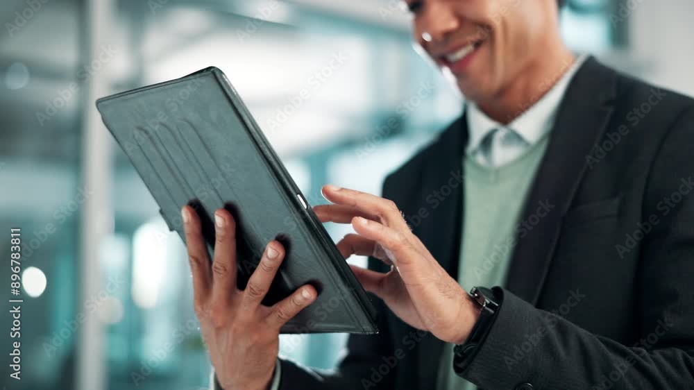 Businessman, smile and hands with tablet in office for investment, research and reading finance news Financial advisor, happy and scroll on technology for budget report, email and digital feedback