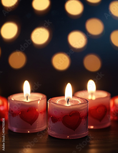 Heart-shaped candles on a blurred background with bokeh