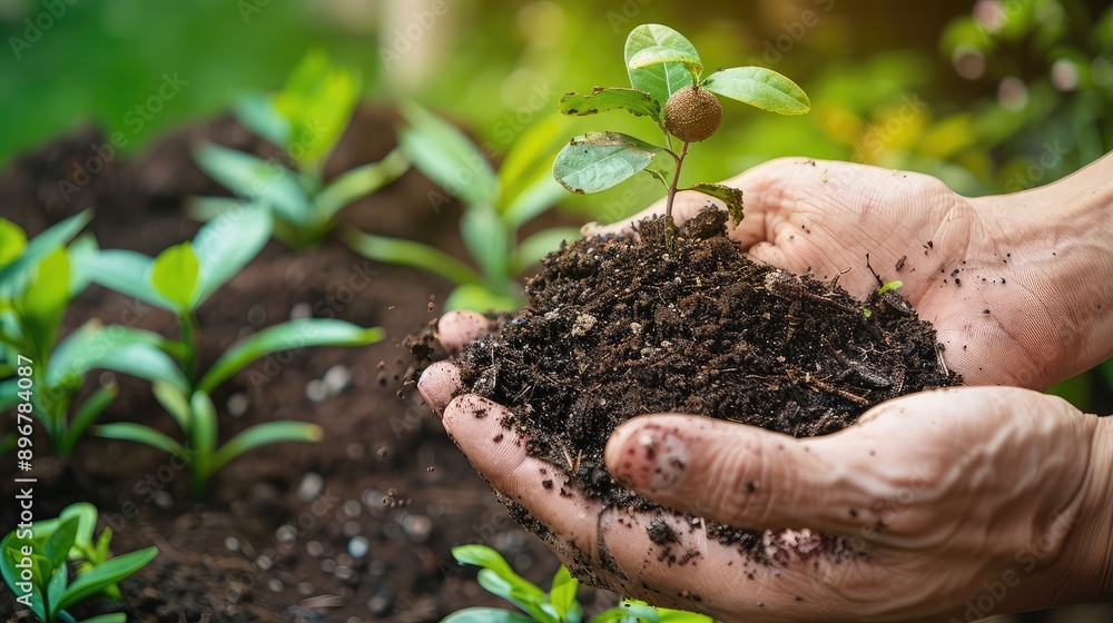 Hands carefully cradling a young sapling with soil showcasing the delicate beginning of life and growth Hands carefully cradling a young sapling with soil showcasing the delicate beginning of life and growth
