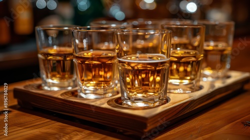 A wooden tray holds an assortment of small tasting beers in clear glasses, offering a variety of flavors in a rustic, casual setting.