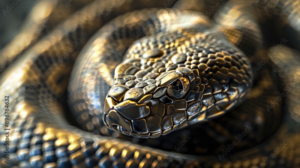 The head of a snake, with its mesmerizing scales catching the light, stares directly at the camera The head of a snake, with its mesmerizing scales catching the light, stares directly at the camera