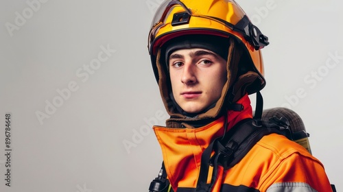 The firefighter, dressed in protective clothing, poses on a white background, showcasing the essential gear and dedication required for the job.