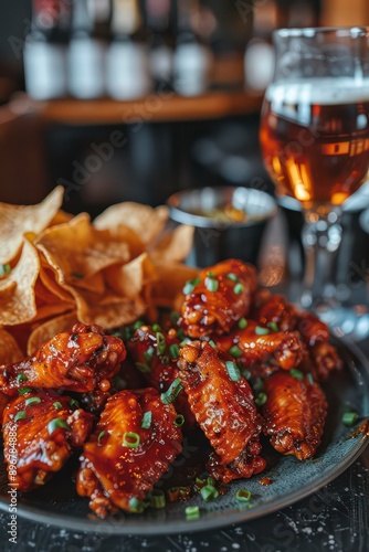 Juicy chicken wings paired with nacho chips, seasoned to perfection, offering a delightful dish for sharing at any meal, especially with friends and family. photo