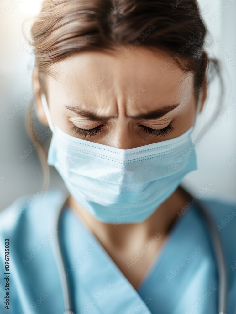 Worried healthcare worker witnessing the impact of a pandemic, capturing the strain on medical professionals Worried healthcare worker witnessing the impact of a pandemic, capturing the strain on medical professionals