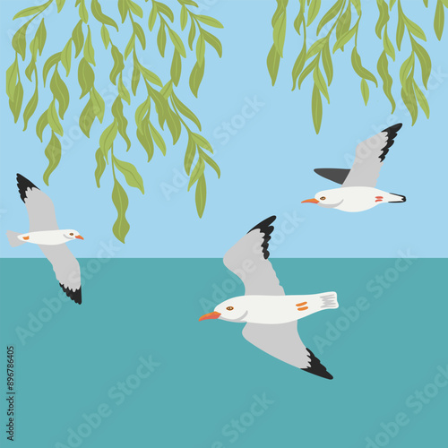 vector drawing flying birds, hand drawn herring gulls, green willow branches with leaves and water ,wildlife illustration