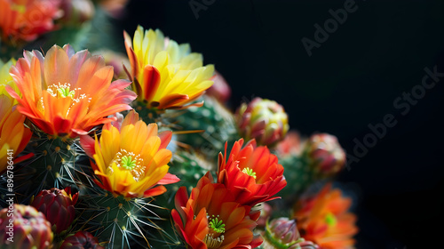 Desert cactus flowers - colorful petals from flowering southwestern cacti plants with copy space.