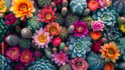 Desert cactus flowers - colorful petals from flowering southwestern cacti plants with copy space.