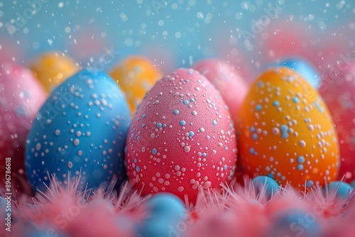 Brightly colored Easter eggs set against a cheerful backdrop, embodying the spirit of the holiday with festive decorations and seasonal delight.