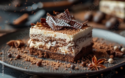 A vanilla fantasy cake topped with strawberries and cream, set on a plate, combines sweet flavors and chocolate for a delightful dessert experience.