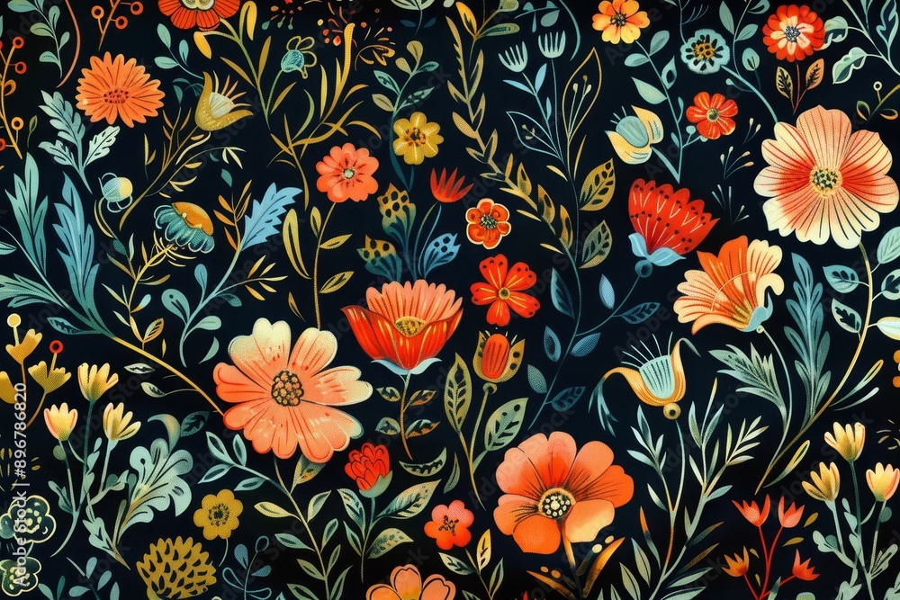 Vibrant and intricate floral design on a dark black backdrop, Elegant floral patterns and designs Vibrant and intricate floral design on a dark black backdrop, Elegant floral patterns and designs