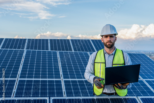 portrait of an engineer smiling with confidence using a laptop in front of a solar panel power station, handsome male technician electrician looking at camera holding a computer