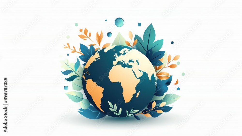 Illustrate a symbol representing sustainable living with a globe encircled by leaves and small water droplets Illustrate a symbol representing sustainable living with a globe encircled by leaves and small water droplets