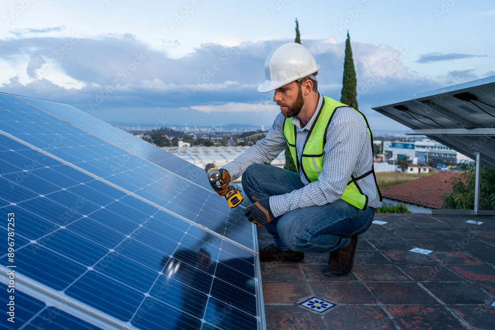 engineer installing or giving maintenance to solar panels, concept of renewable energy power, professional technician working on a roof with blue sky background; photography with copy space engineer installing or giving maintenance to solar panels, concept of renewable energy power, professional technician working on a roof with blue sky background; photography with copy space