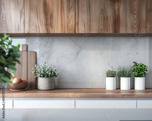 A sleek minimalist kitchen interior features a clean design with white walls, gray accents, and natural wood textures, creating a modern and functional space.