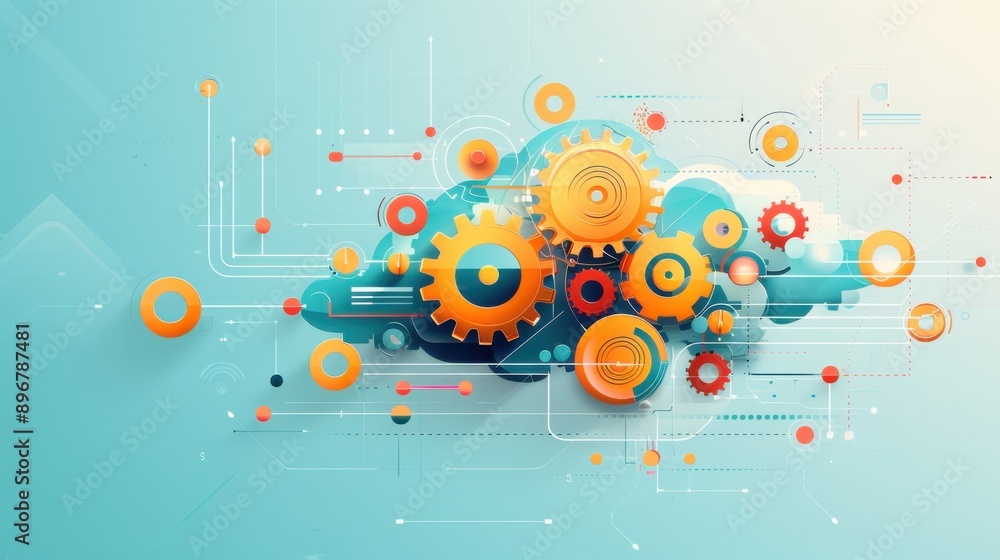 Obraz premium Logical analysis, interconnected cogs and gears, flat design illustration
