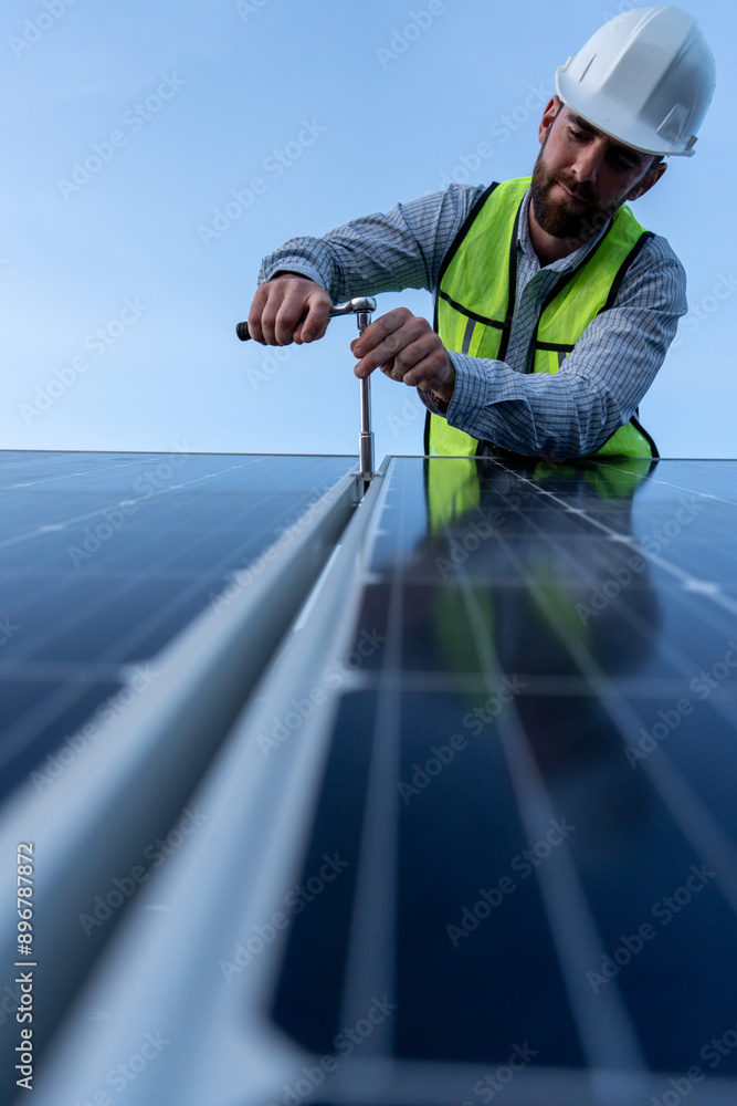 low angle portrait of a confident engineer looking at camera, technician standing between solar panels, concept of a professional on renewable energy posing with confidence low angle portrait of a confident engineer looking at camera, technician standing between solar panels, concept of a professional on renewable energy posing with confidence