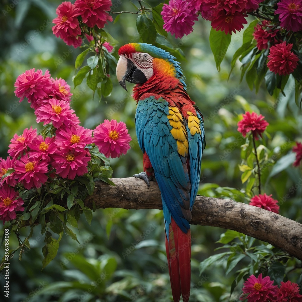 Obraz premium A colorful macaw perched on a branch covered in vibrant flowers.