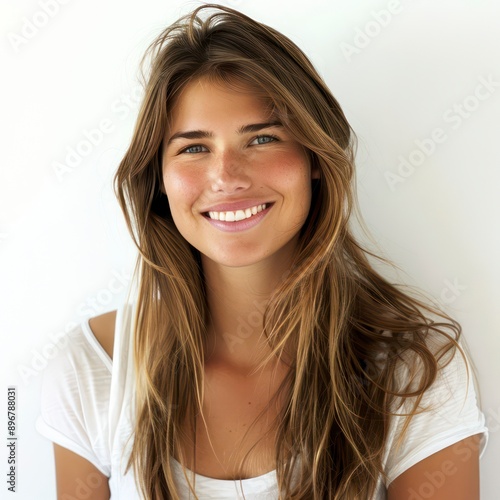 A young woman with a radiant smile and brunette hair, showcasing her beauty in a closeup photo, exuding confidence and charm.