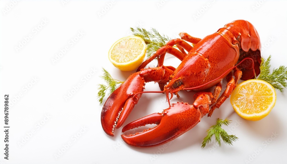 Close-up of a freshly cooked lobster with vibrant red shell, presented on a clean white background, ready for serving. Close-up of a freshly cooked lobster with vibrant red shell, presented on a clean white background, ready for serving.
