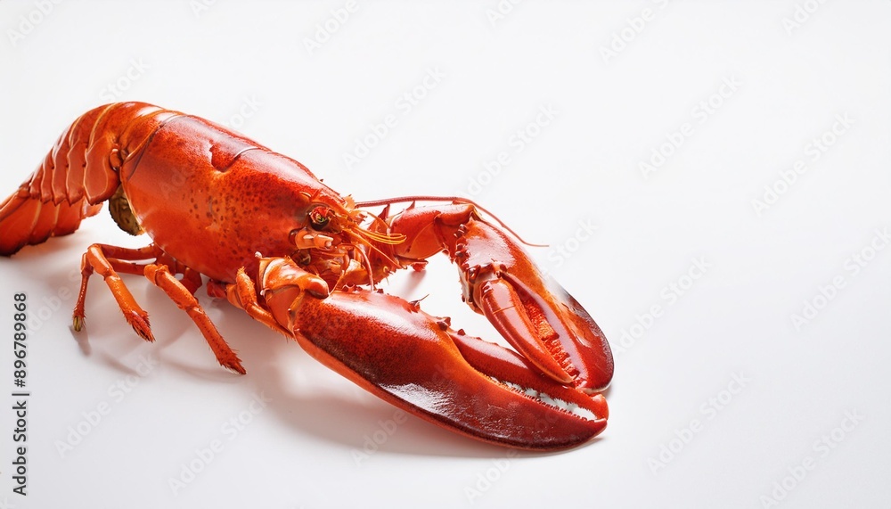 Cooked Lobster with vibrant red shell on white background, presented on a clean white background, ready for serving.
