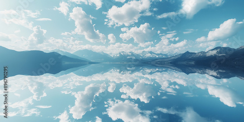 A reflection photograph of a blue sky and clouds reflected in a crystal-clear lake with mountains