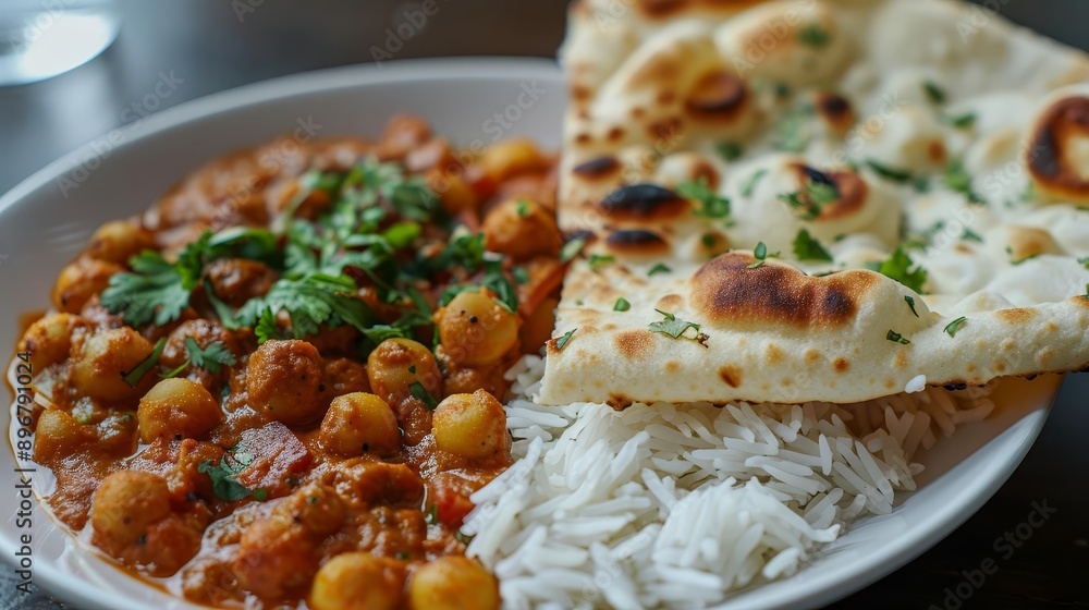 Chana masala and naan flying midair, Indian food, hearty and spicy Chana masala and naan flying midair, Indian food, hearty and spicy