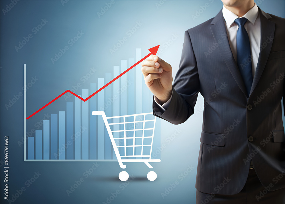 Studio photo of confident businessman in power pose, surrounded by floating icons representing online shopping, sales analytics, and target audience, conveying digital marketing expertise and leader Studio photo of confident businessman in power pose, surrounded by floating icons representing online shopping, sales analytics, and target audience, conveying digital marketing expertise and leader
