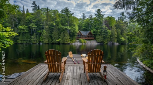 Fototapeta Naklejka Na Ścianę i Meble -  Adirondack chairs on a wooden dock with serene Muskoka lake view. Canoe paddles and life jackets nearby, and a cozy cottage peeking through lush trees