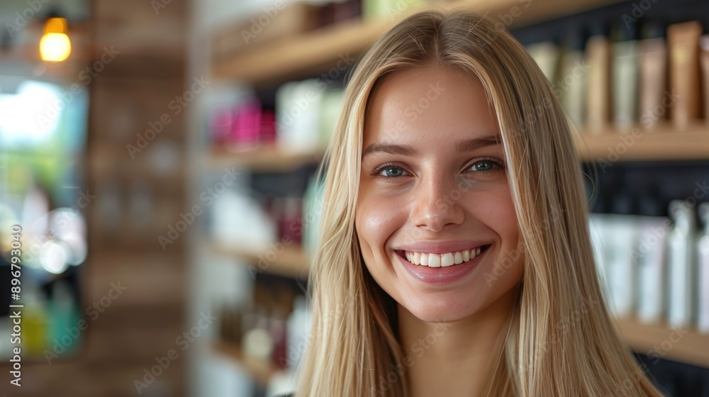 Blonde woman with perfectly straight hair smiling in a cosmetology clinic, showcasing keratin treatment and hair care results Blonde woman with perfectly straight hair smiling in a cosmetology clinic, showcasing keratin treatment and hair care results