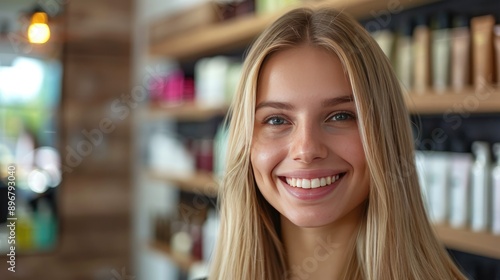 Blonde woman with perfectly straight hair smiling in a cosmetology clinic, showcasing keratin treatment and hair care results